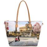 Shopping bag grande azzurra con stampa di Roma e manici in cuoio