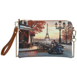 Borsa tracolla piatta cuoio con stampa Parigi, zip, catena e tracolla in pelle