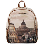 Zaino beige con manici marroni e stampa monumenti, zip frontale