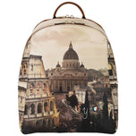 Zaino grande in ecopelle beige con stampa città e logo yNot, manici cuoio.