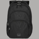 Zaino nero con tasca frontale e maniglia superiore, zip metalliche e logo Travelite