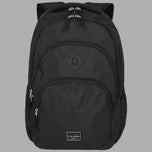 Zaino nero con tasca frontale e maniglia superiore, zip metalliche e logo Travelite