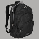 Zaino nero con vano laterale per notebook visibile, passante posteriore e zip