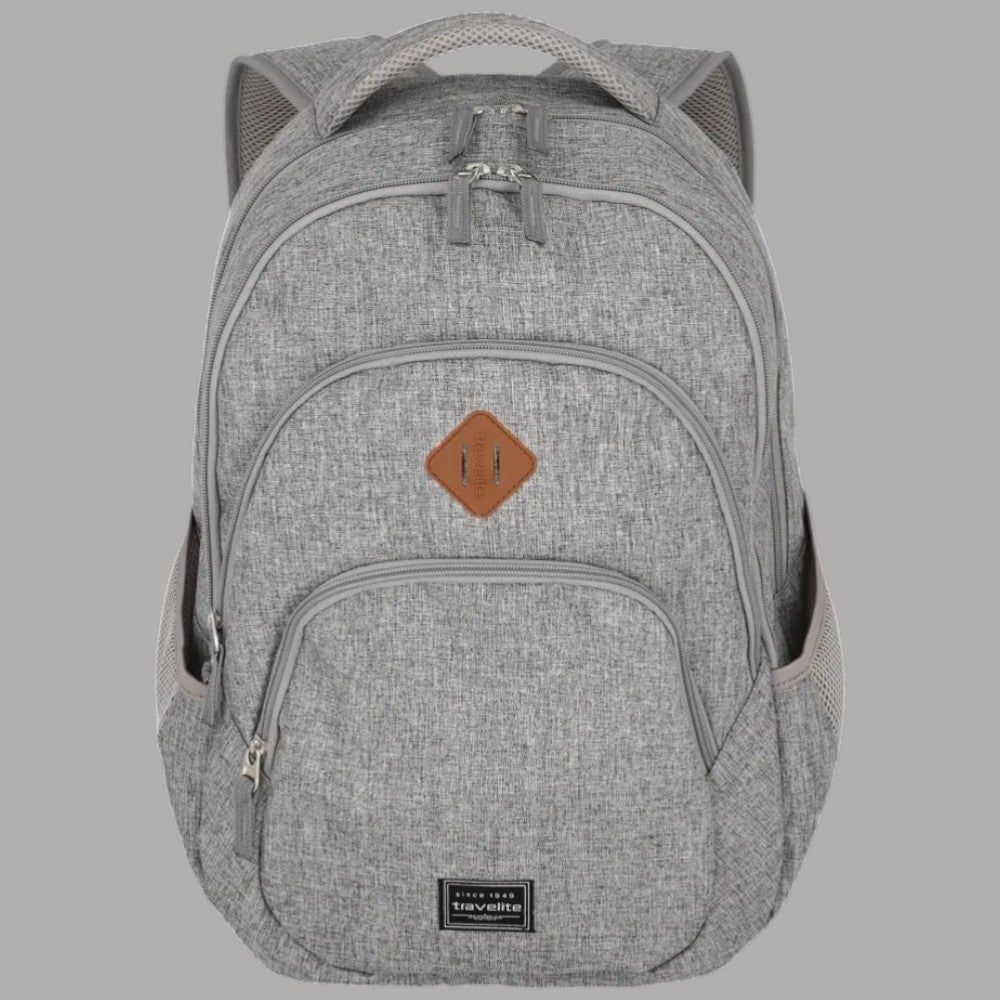 Zaino grigio melange con tasca frontale e toppa in pelle, zip metalliche