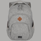 Zaino grigio melange con tasca frontale e toppa in pelle, zip metalliche