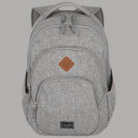 Zaino grigio melange con tasca frontale e toppa in pelle, zip metalliche