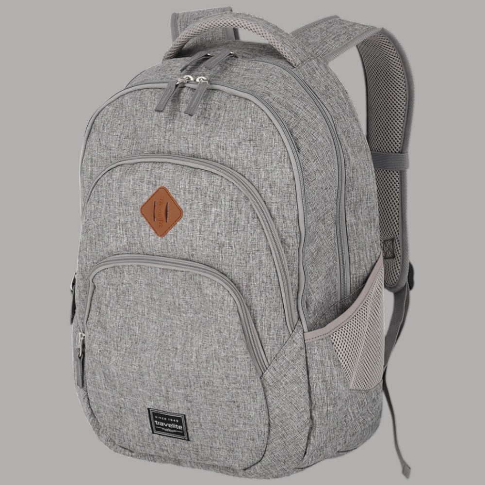 Zaino grigio melange con spallacci traforati e tasca frontale doppia, chiusure zip