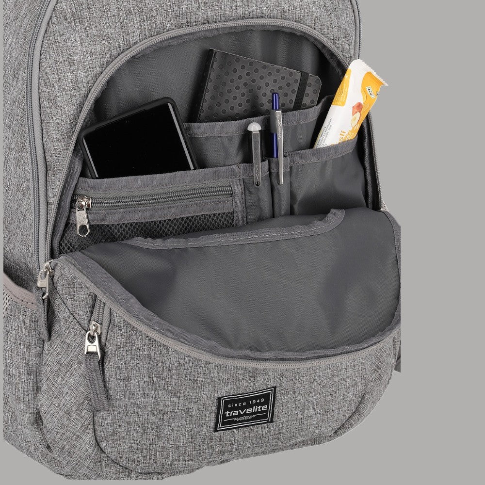 Zaino grigio melange con scomparto interno e organizer, tasche con zip e rete