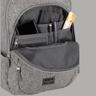 Zaino grigio melange con scomparto interno e organizer, tasche con zip e rete