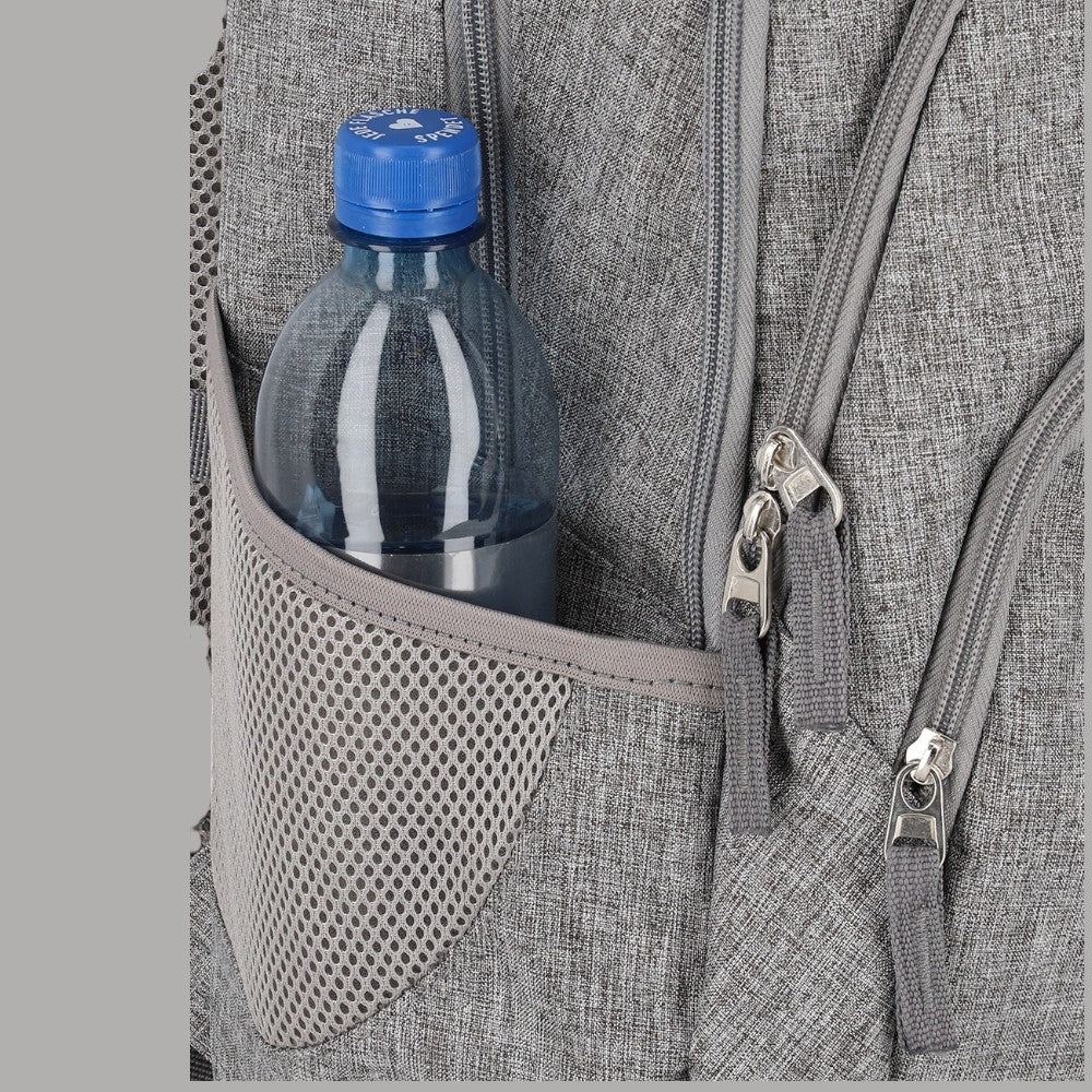 Zaino grigio mélange con tasca frontale a rete e zip, spallacci imbottiti