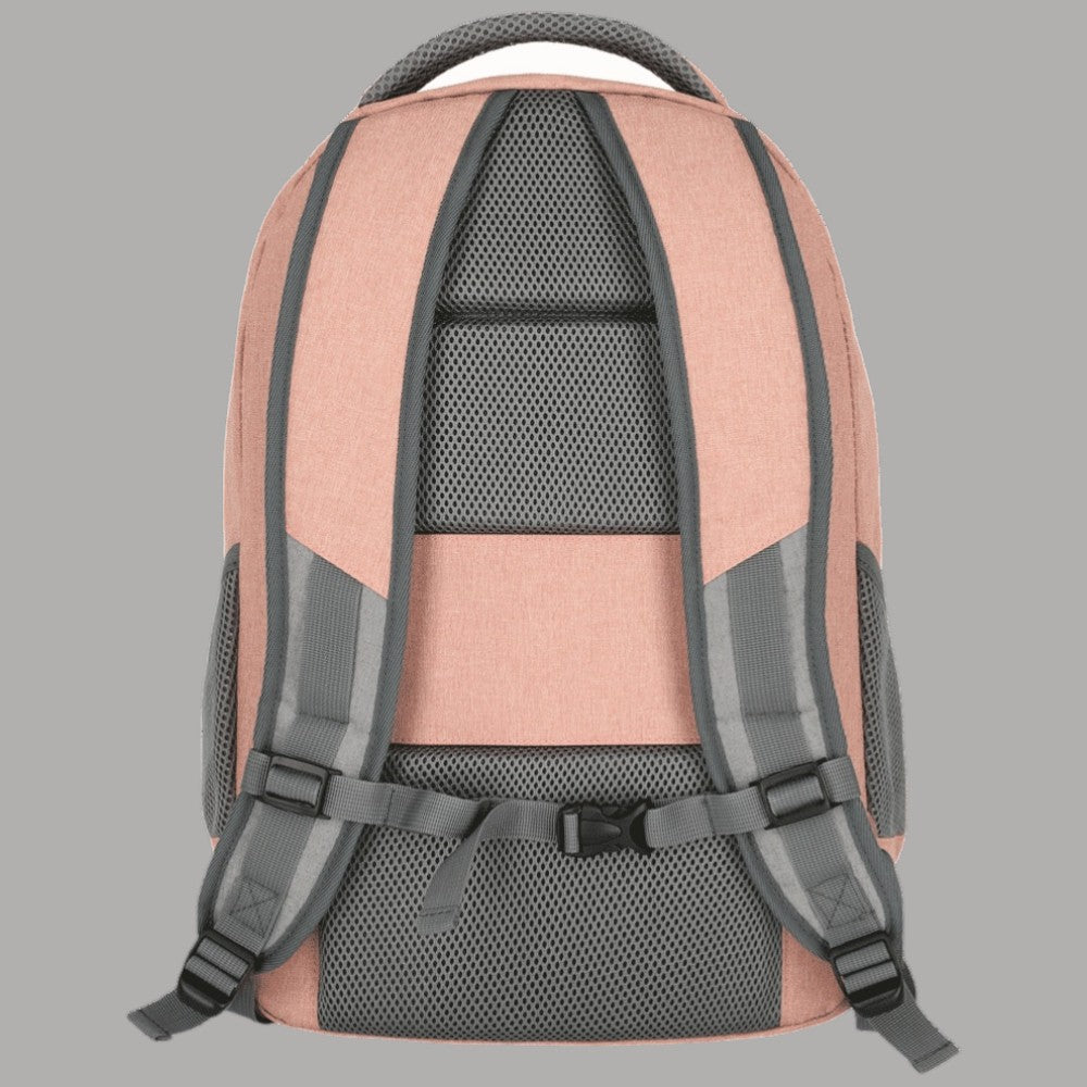 Zaino rosa e grigio con schienale a rete traspirante e cinghie regolabili