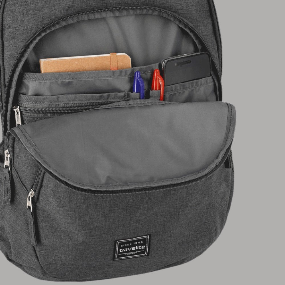 Zaino Travelite melange grigio scuro, interno con organizer e tasche con zip.
