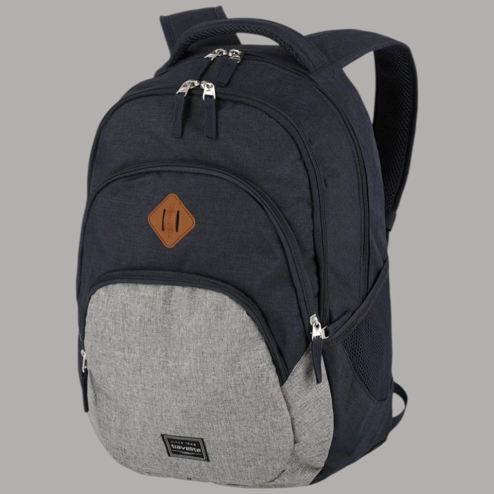 Zaino Travelite melange blu scuro e grigio chiaro, tasca superiore con zip.
