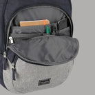 Zaino grigio con tasca laterale aperta e organizer interno, zip metalliche