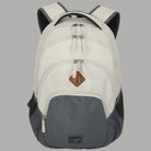 Zaino bianco con base grigio scuro, tasca frontale con zip e toppa marrone