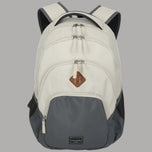 Zaino bianco con base grigio scuro, tasca frontale con zip e toppa marrone