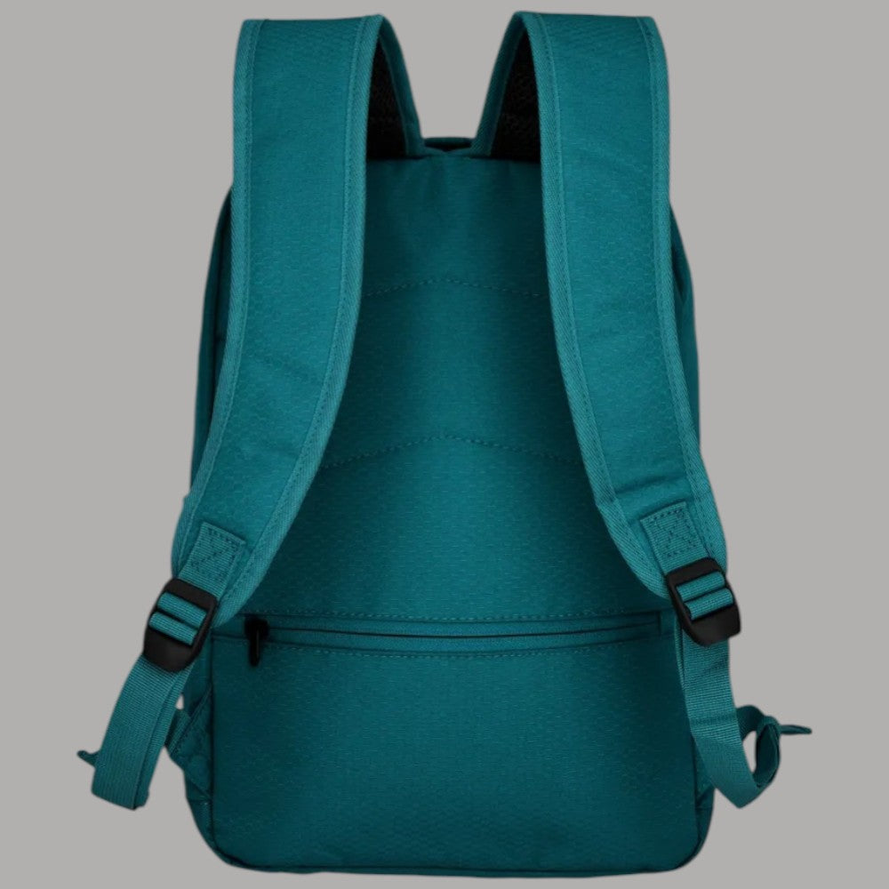 Zaino Travelite Kick Off M petrolio vista posteriore con spallacci imbottiti e zip