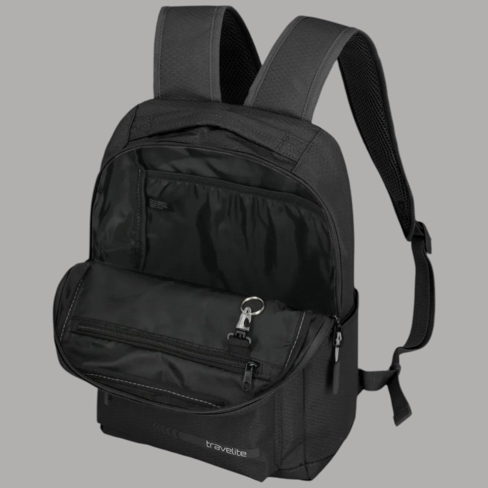 Zaino nero con tasca frontale e organizer con zip, tracolla regolabile laterale