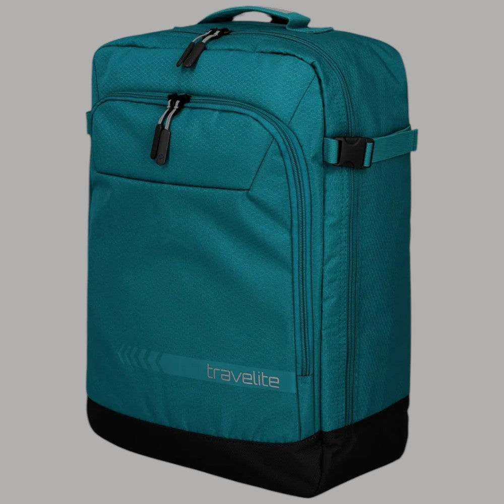 Zaino Travelite petrolio laterale con fibbie e maniglia superiore, tasca frontale