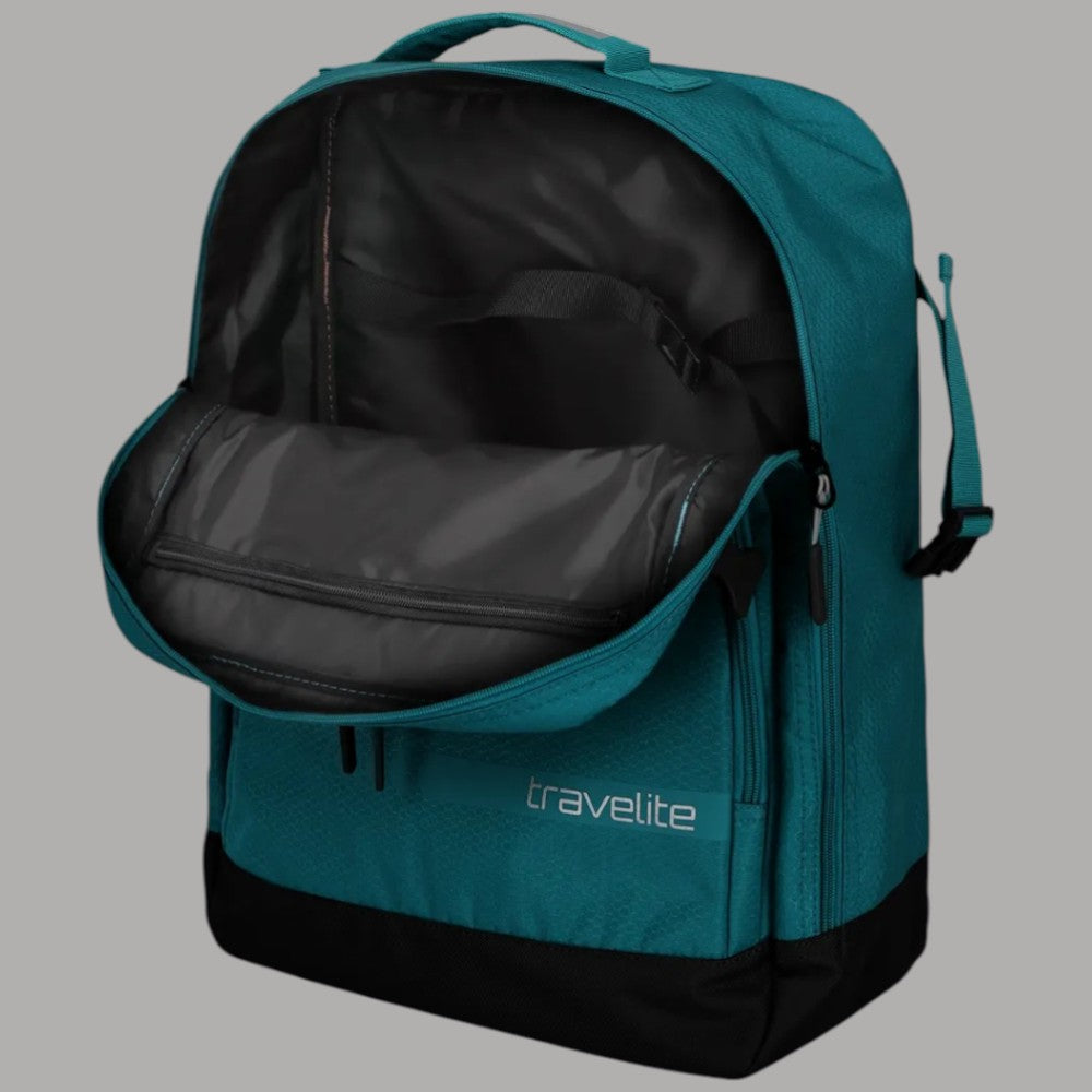 Zaino Travelite petrolio con interno nero a vista e tasche interne con zip