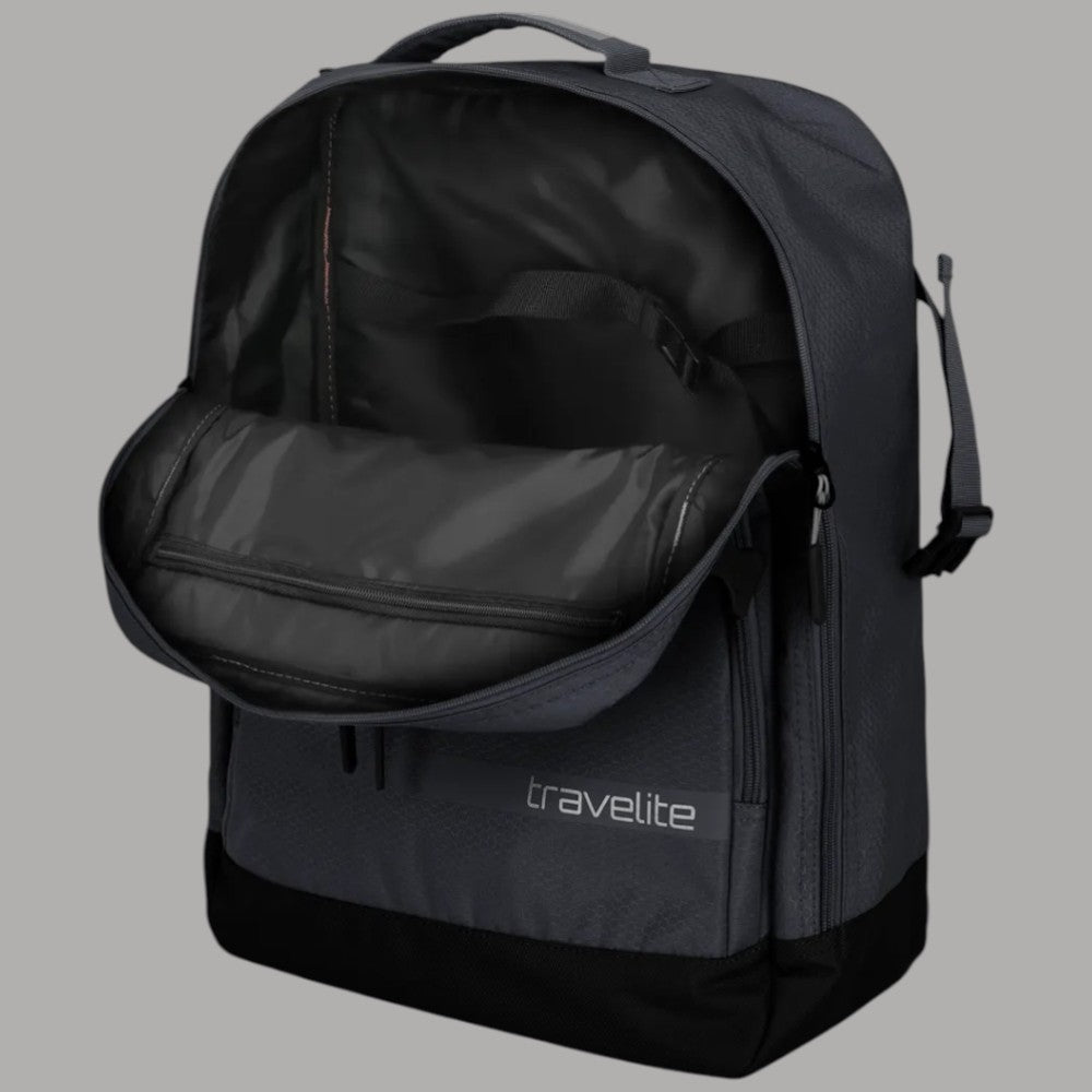 Zaino Travelite antracite con interno nero a vista e tasche interne con zip