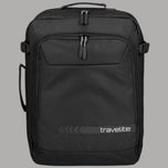 Zaino Travelite nero con tasca frontale e zip, manico superiore e logo travelite