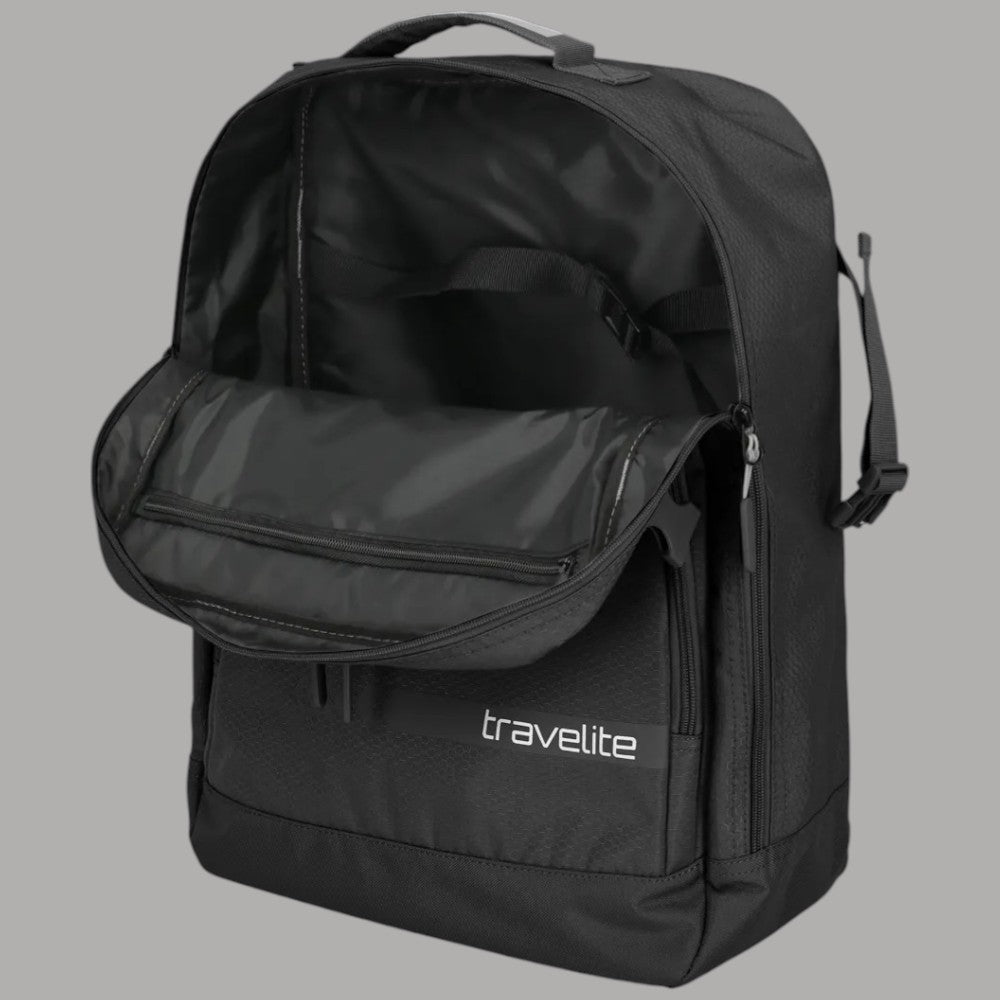 Zaino Travelite nero aperto con scomparto interno e tasca con zip