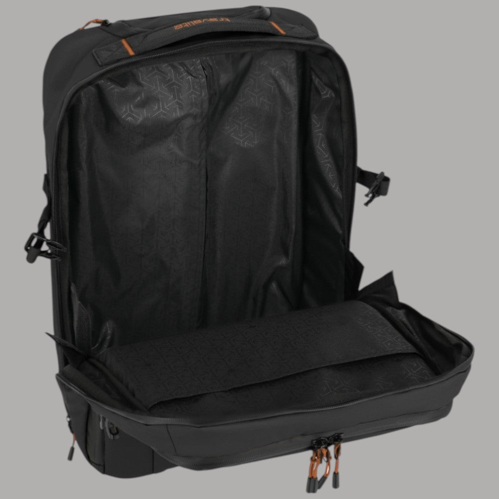 Zaino trolley Travelite BRIIZE nero aperto con scomparto interno rivestito.