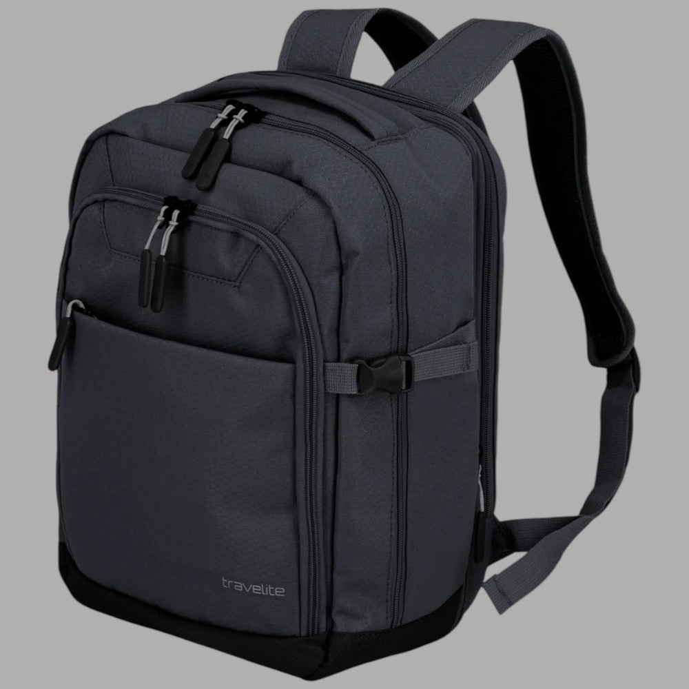 Zaino da cabina espandibile Travelite nero, lato con tracolla e tasche laterali