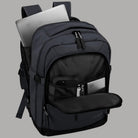 Zaino da cabina Travelite nero aperto, scomparto interno con organizer e pannello frontale