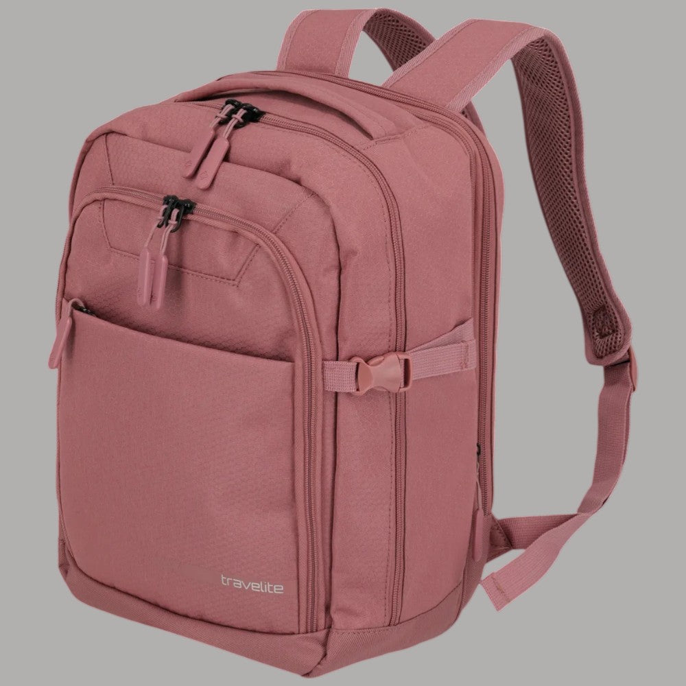 Zaino da cabina espandibile Travelite rosa, lato con tracolla e tasche esterne