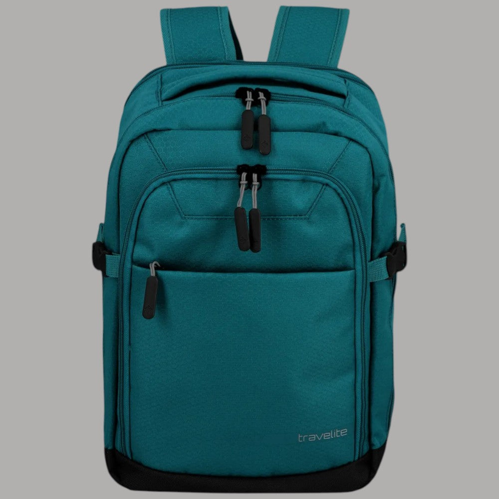 Zaino da cabina espandibile Travelite petrolio, tasche con zip frontali e maniglia superiore