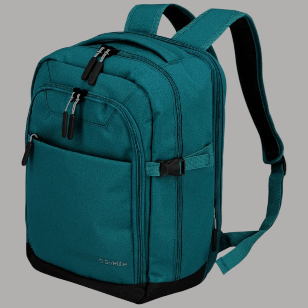 Zaino da cabina espandibile Travelite petrolio, lato con tracolla e tasche laterali