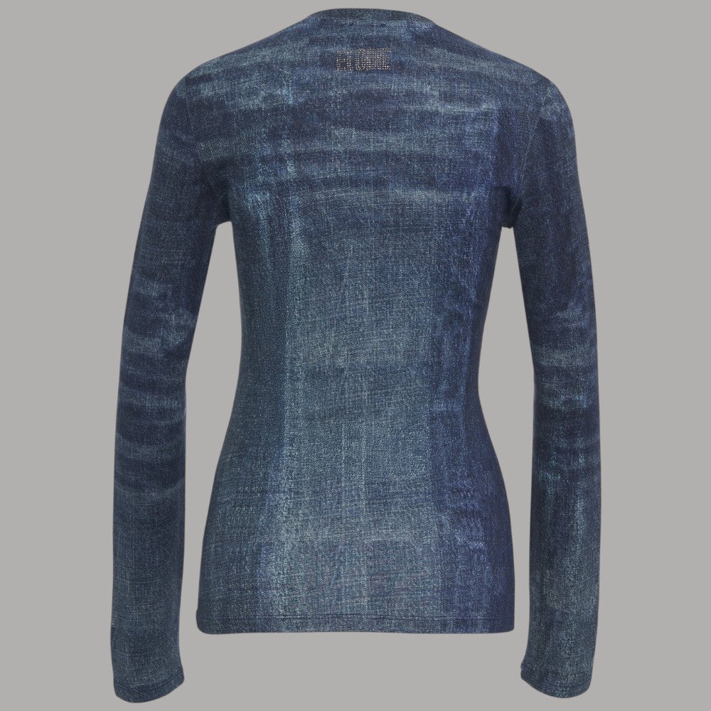 Liu Jo T-shirt manica lunga stampata blu navy con texture effetto denim e dettaglio logo sul retro