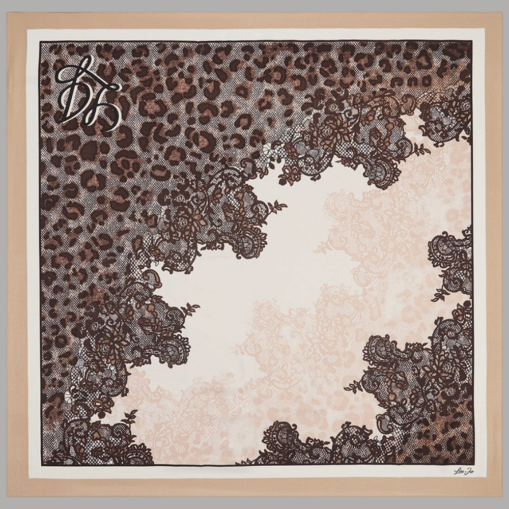 Foulard Liu Jo quadrato con stampa animalier, motivi ornamentali e bordo beige