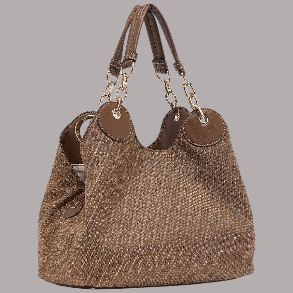 Borsa Liu Jo satchel in tessuto jacquard Faiza AF6024T378A con dettagli in pelle marrone e manici con catena oro