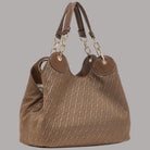 Borsa Liu Jo satchel in tessuto jacquard Faiza AF6024T378A con dettagli in pelle marrone e manici con catena oro