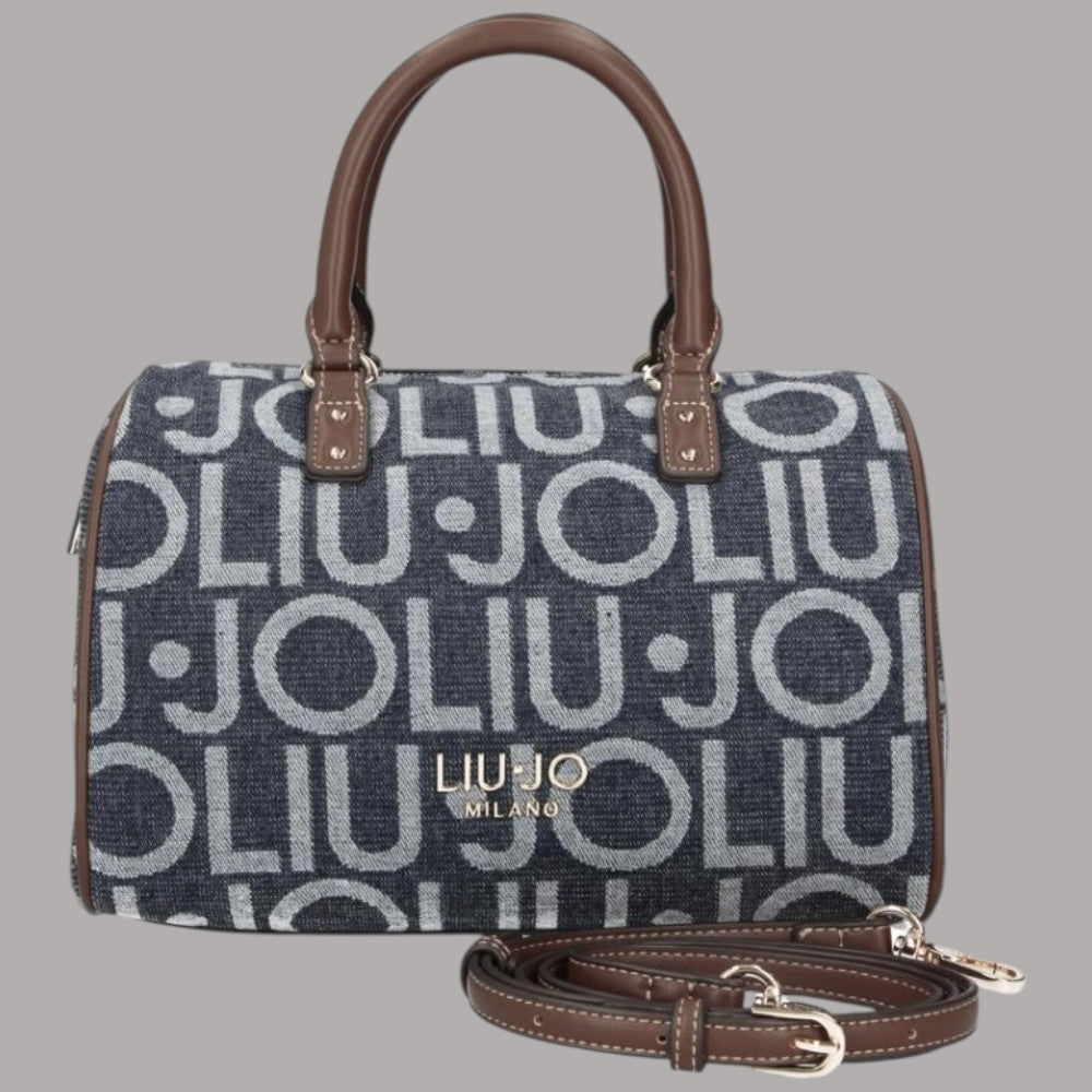 Borsa bauletto in jacquard logato blu denim con tracolla e manici marroni