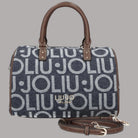Borsa bauletto in jacquard logato blu denim con tracolla e manici marroni
