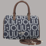 Borsa bauletto in jacquard logato blu denim con tracolla e manici marroni