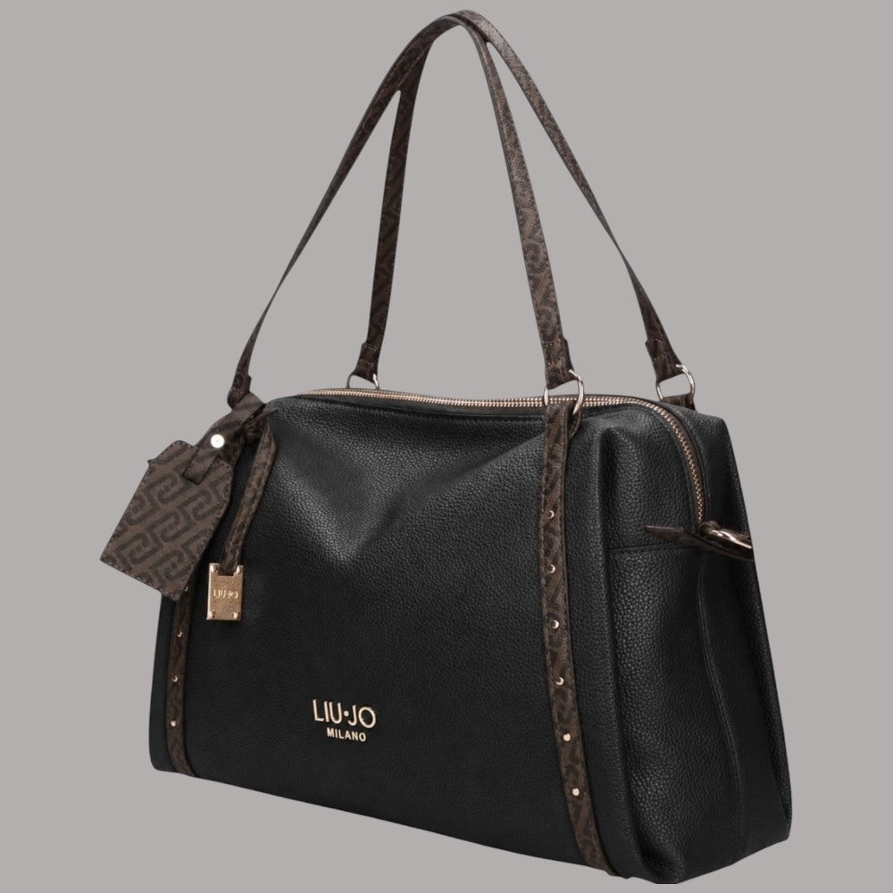Borsa a spalla media Liu Jo Ilyana M effetto grana nero con dettagli animalier