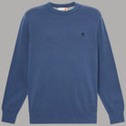 Maglione girocollo blu con logo sul petto e bordo a costine su collo e polsini.