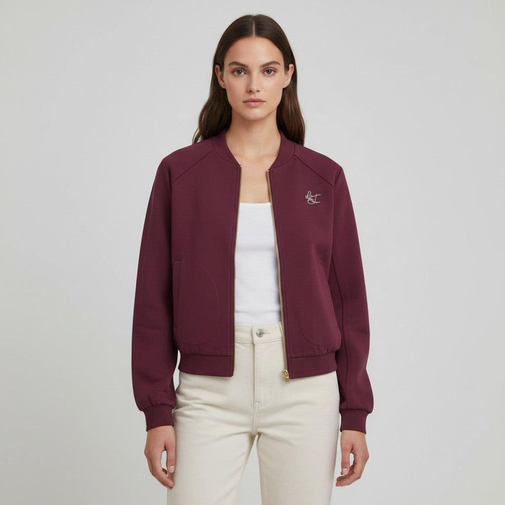 Liu Jo Felpa scuba con logo strass color bordeaux, zip frontale, dettagli a cucitura