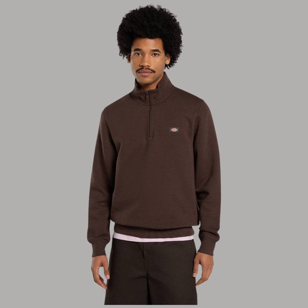 Felpa mezza zip marrone in cotone spazzolato, logo sul petto