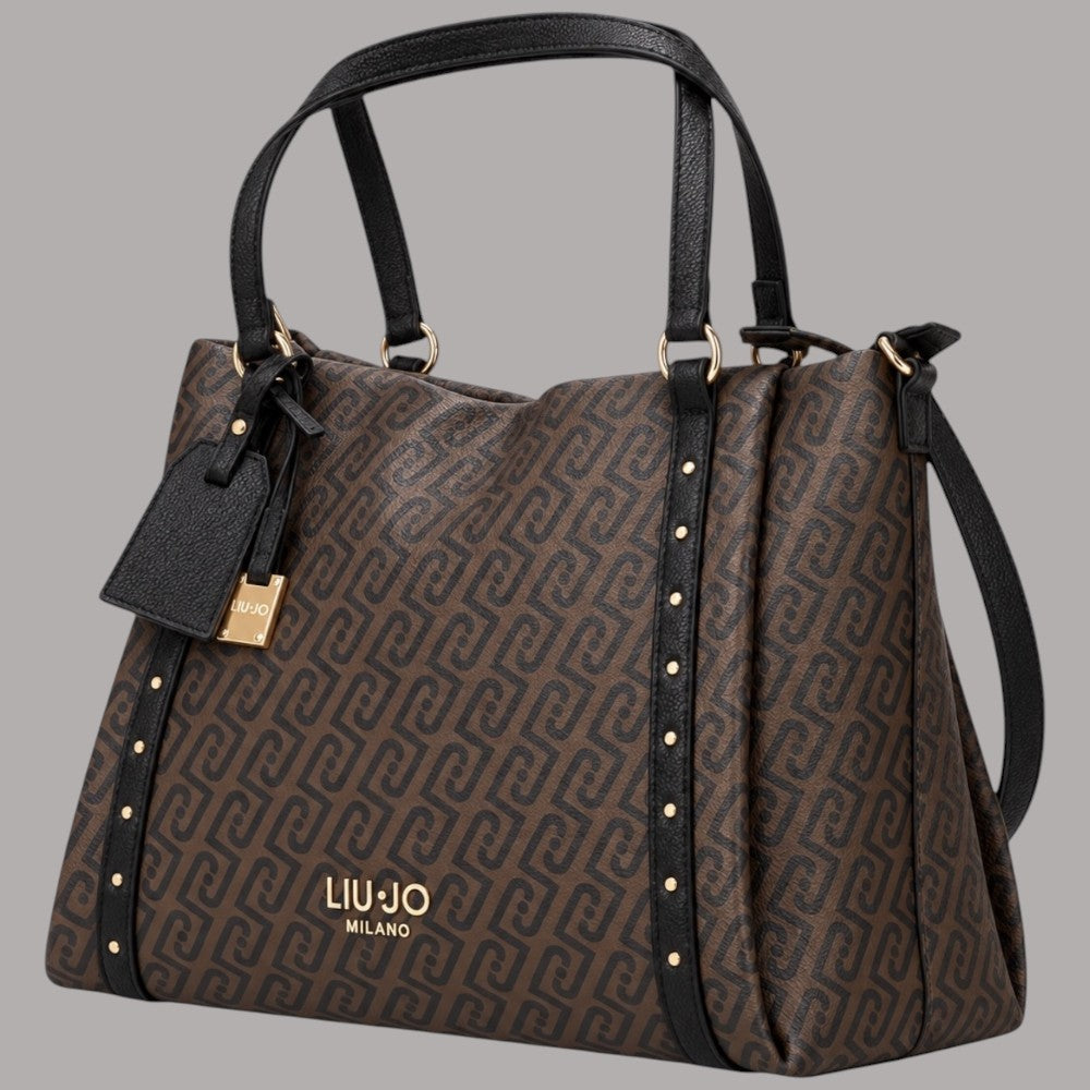 Liu Jo borsa shopping tote media logo monogram marrone e nera con dettagli in oro