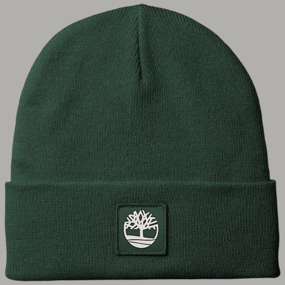 Berretto verde Timberland a maglia con risvolto e patch con logo