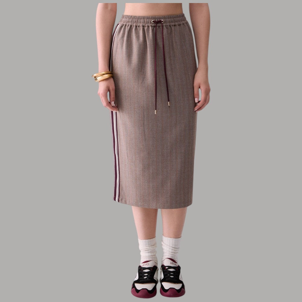 Gonna midi Liu Jo con tape laterale marrone con dettagli bianchi e bordeaux