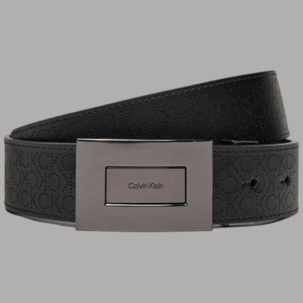 Calvin Klein cinturina uomo vera pelle nera reversibile con logo e texture lucida
