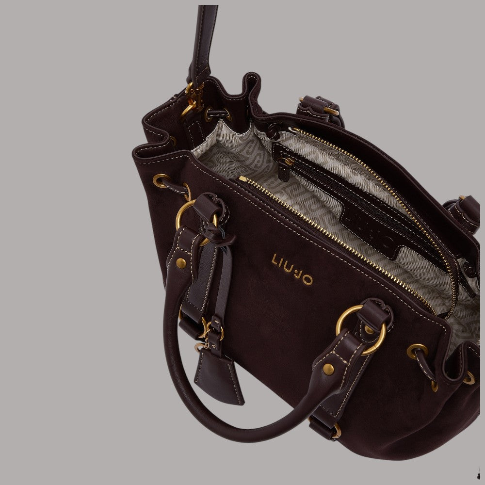 Borsa a mano Liu Jo marrone scuro aperta: interno foderato e tasche con cerniera