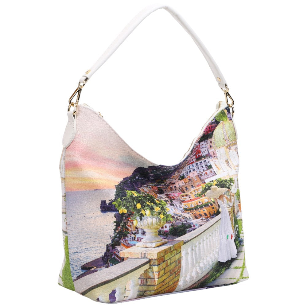 Borsa hobo a mezzaluna con manici bianchi e stampa Romantic Coast multicolore